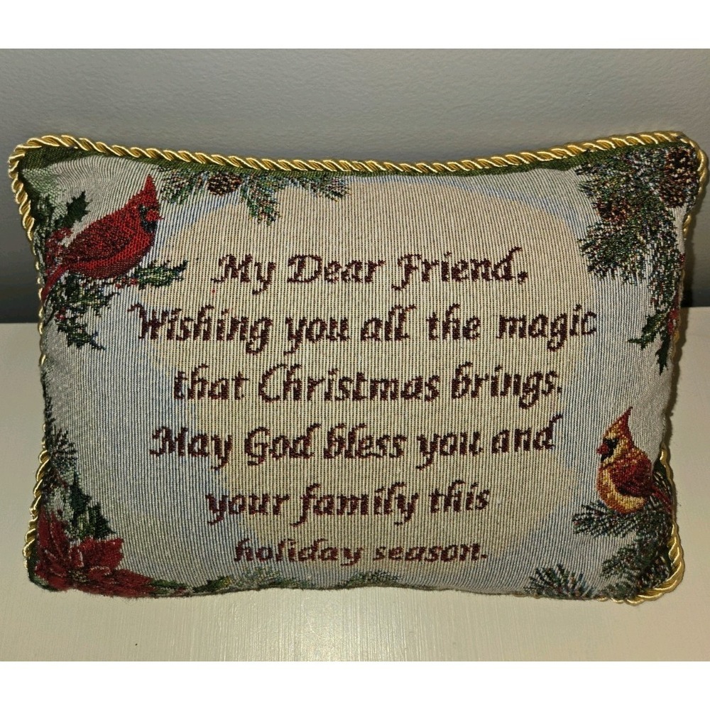Tapestry Pillow—Friend Christmas Blessing with Cardinals and Poinsettias 12 x 9